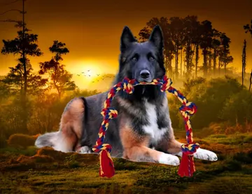 German shepherd with a rope in an original sunset image